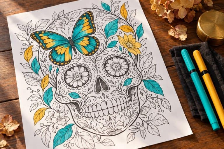 skull coloring page partly colored in with pencils