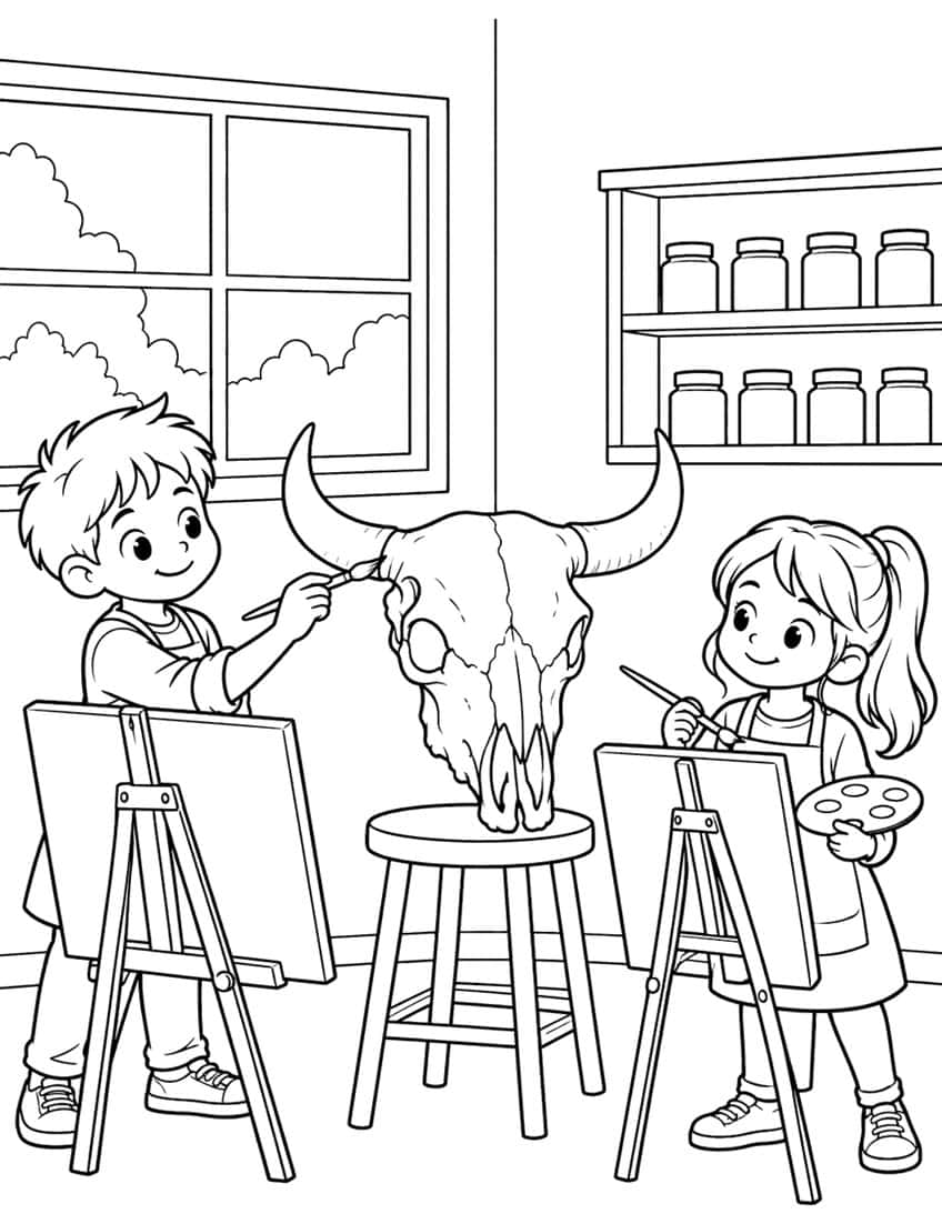 Two children painting a bull skull on a stool at easels, with a window and a shelf of jars