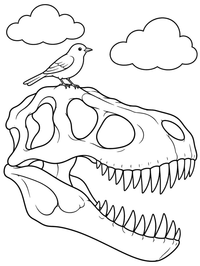 T. rex skull with open jaw and sharp teeth, a small bird on top and two clouds