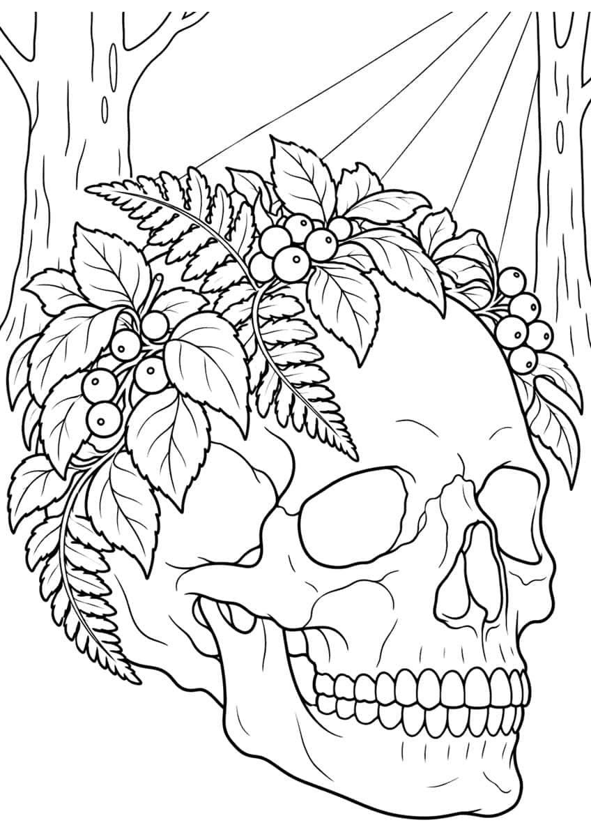 Tilted skull with a crown of leaves, ferns and berries in front of two tree trunks and light rays