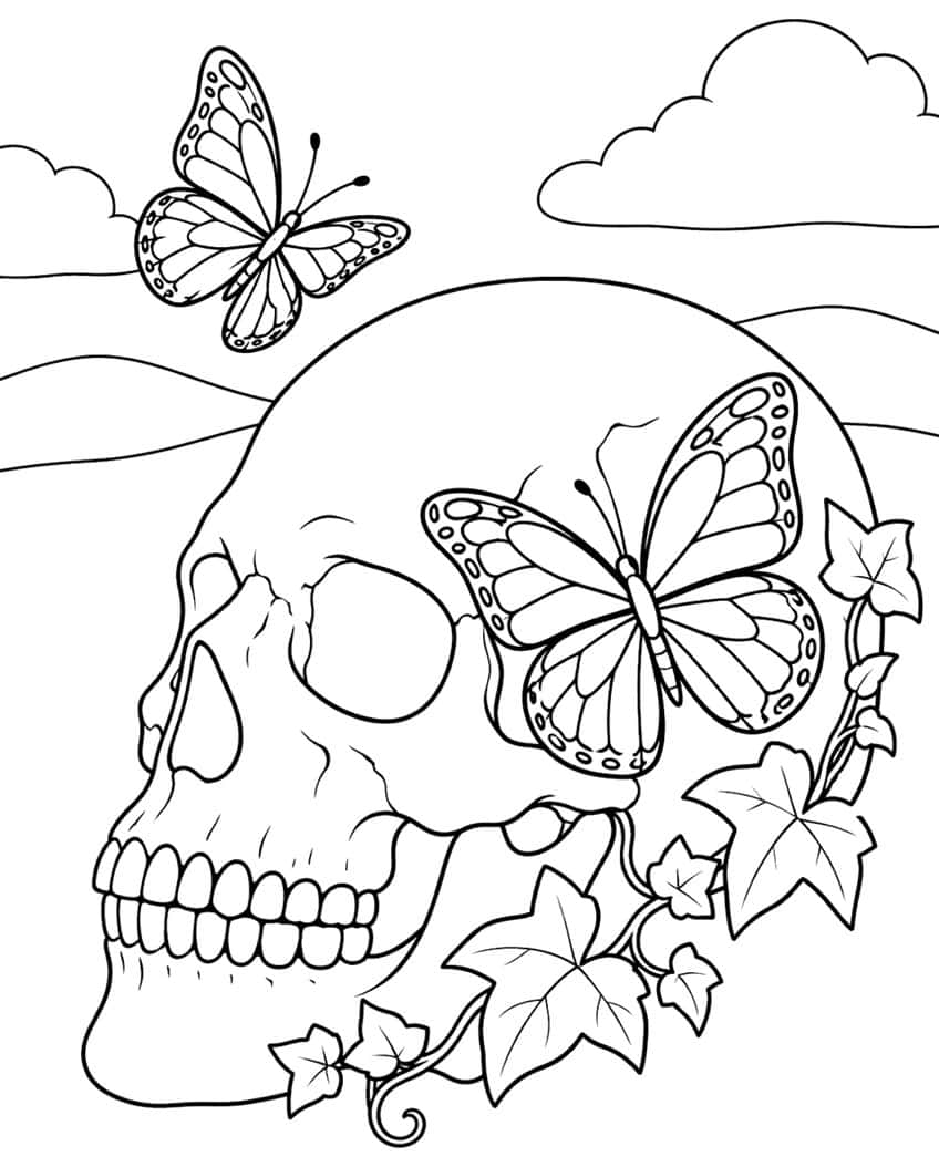 Three-quarter view skull with two butterflies, ivy leaves, clouds and hills
