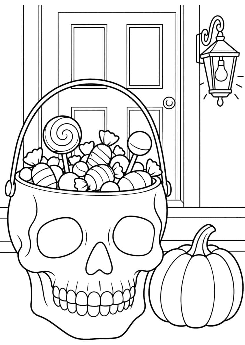 Skull-shaped candy bucket with lollipops, a pumpkin, a paneled door and a lit porch lantern