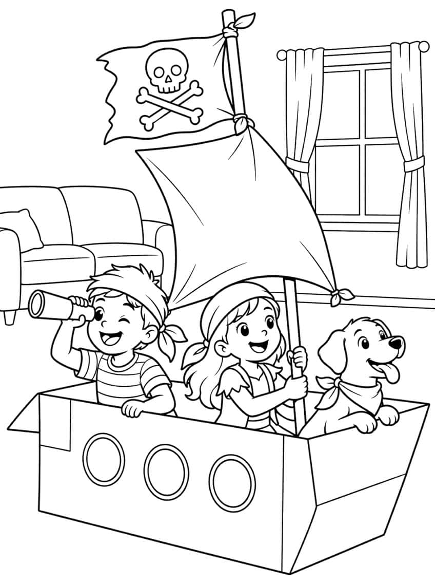 Two kids and a dog in a cardboard box pirate ship with sail, skull flag, spyglass, sofa and window