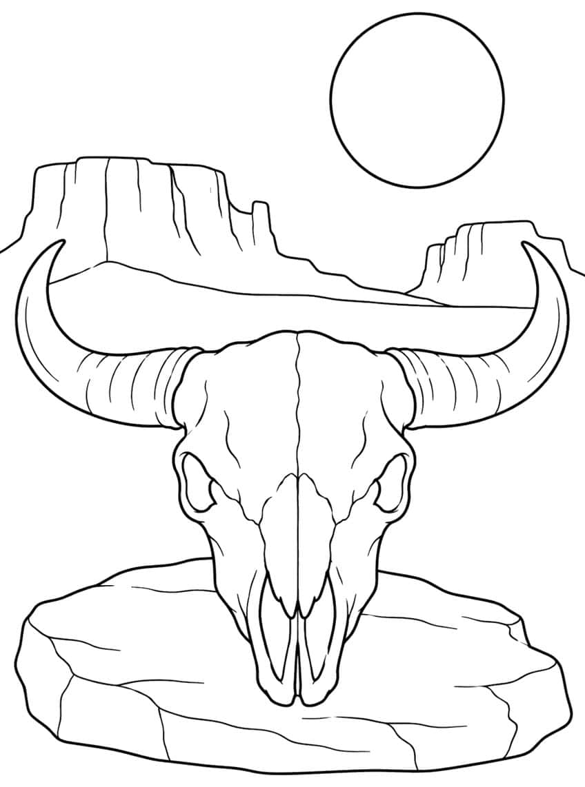 Cow skull with curved horns on a rock slab, desert mesas and a round sun behind