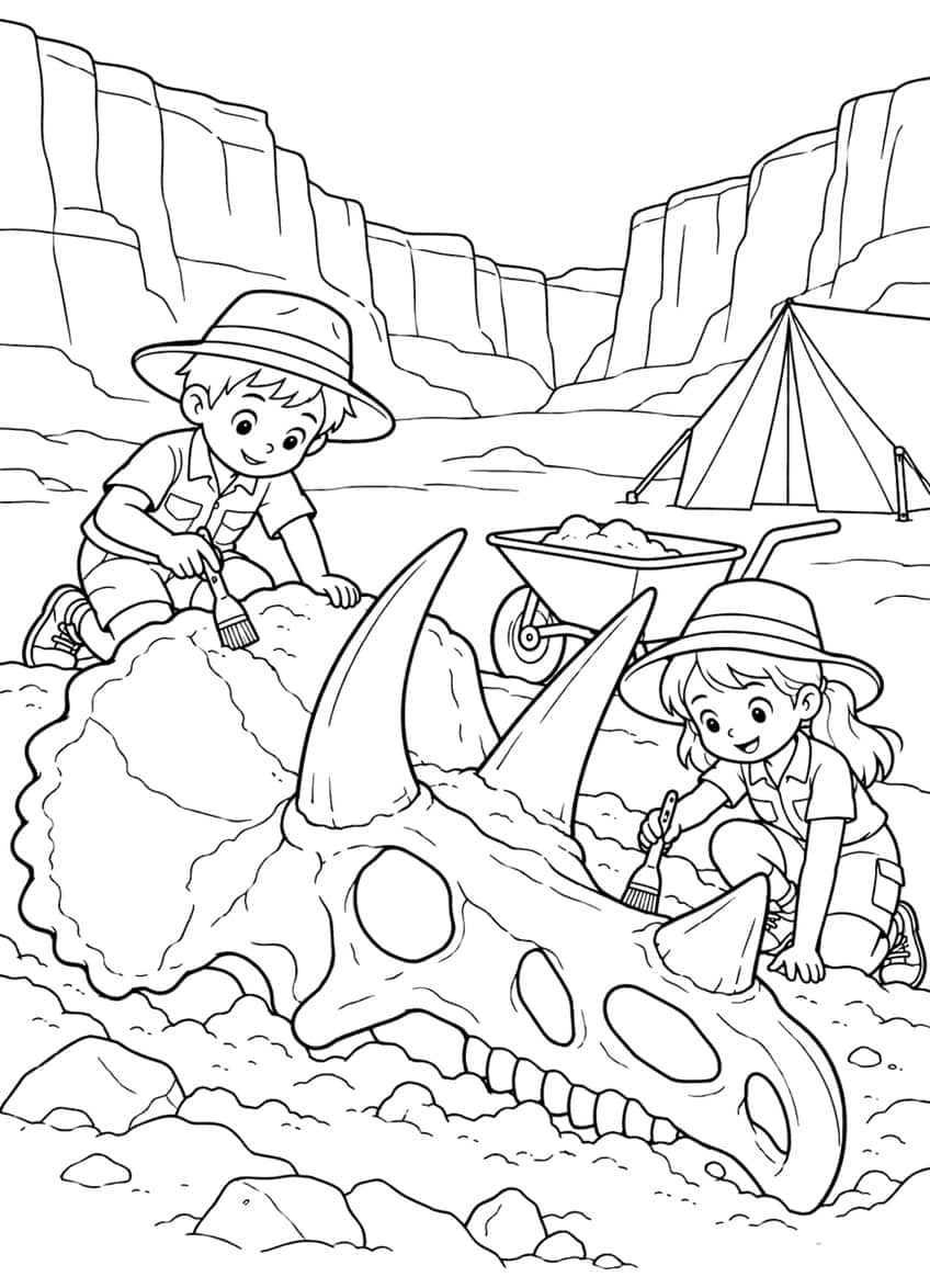 Two children in hats brushing a buried triceratops skull, with a wheelbarrow, tent and canyon cliffs