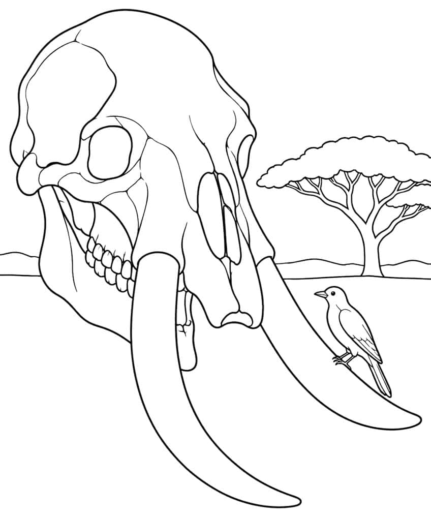 Elephant skull with two long tusks, a small bird on one tusk and an acacia tree behind