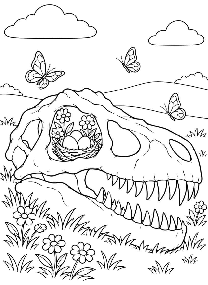 T. rex skull with a nest of eggs in its eye socket, flowers, butterflies and clouds