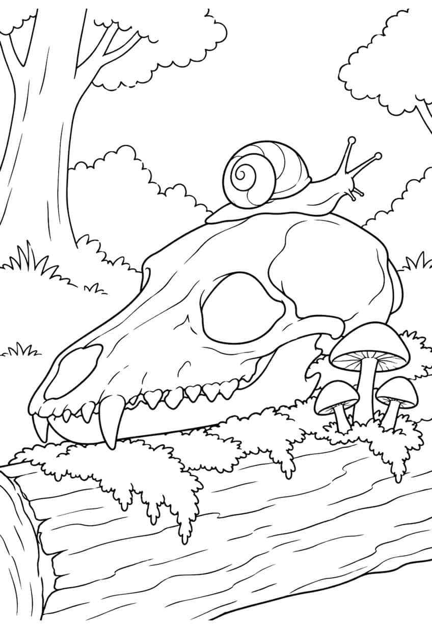 Fox skull with fangs on a mossy log, a snail on top, three mushrooms, trees and bushes behind