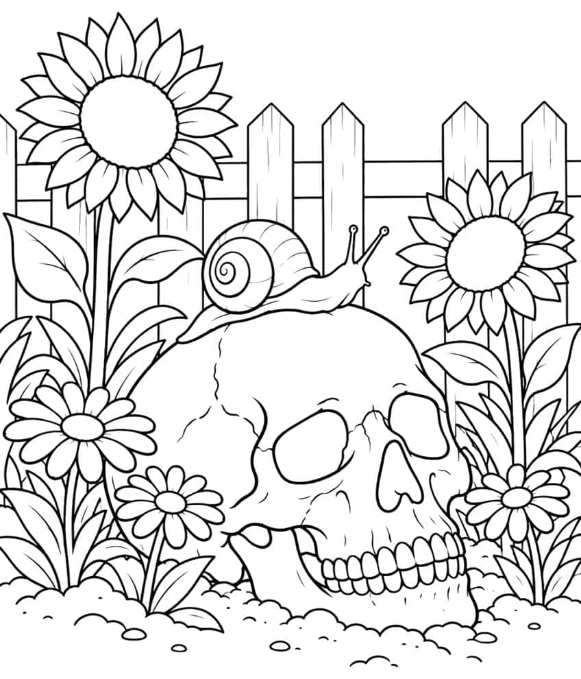 Cracked skull in garden soil with a snail on top, sunflowers, daisies and a picket fence