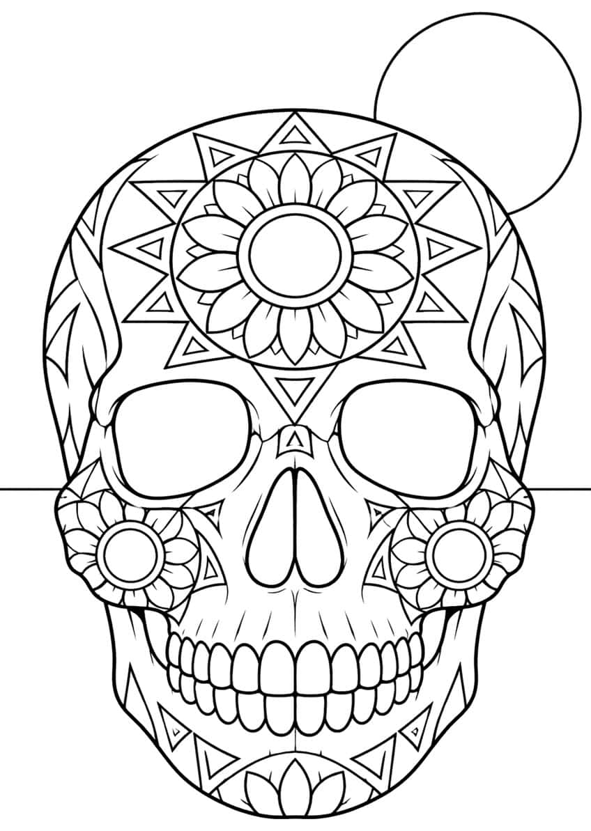Sugar skull with a sunflower mandala on the forehead, cheek flowers, teeth and a circle behind