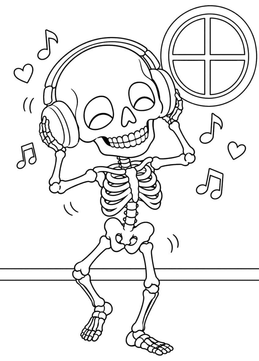Cartoon skeleton dancing in headphones with music notes, hearts and a round window