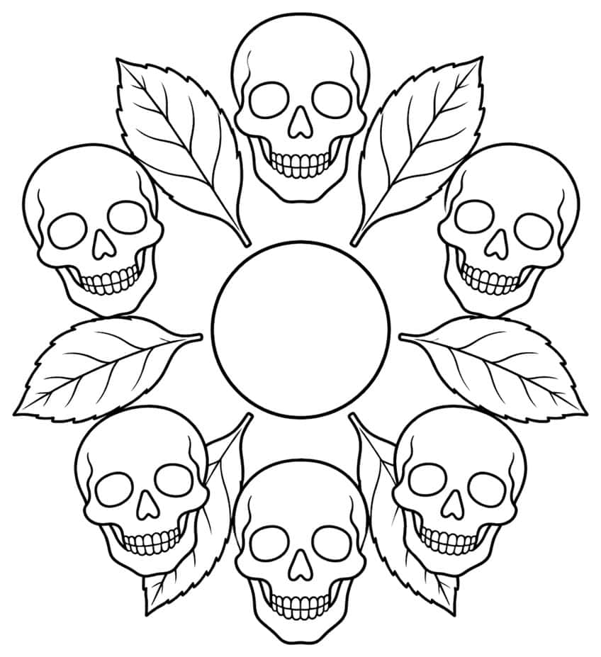 Wreath of six skulls and four serrated leaves around an empty circle