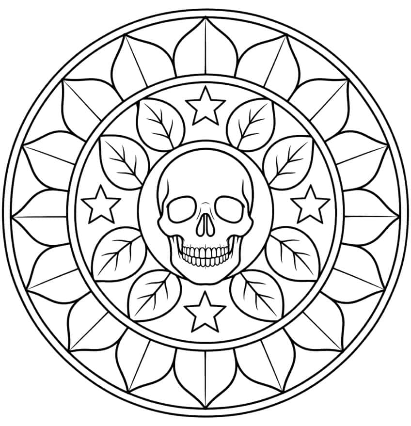 Round mandala with a central skull, veined leaves, four stars and an outer ring of pointed petals
