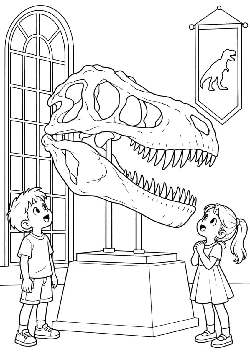 Boy and girl gazing up at a mounted T. rex skull on a pedestal, with an arched window and a dinosaur banner
