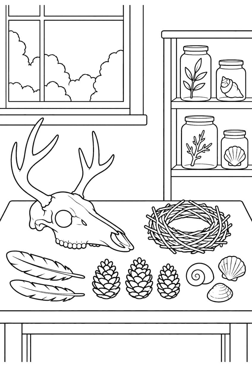 Deer skull, twig nest, feathers, pinecones and shells on a table with jars on a shelf