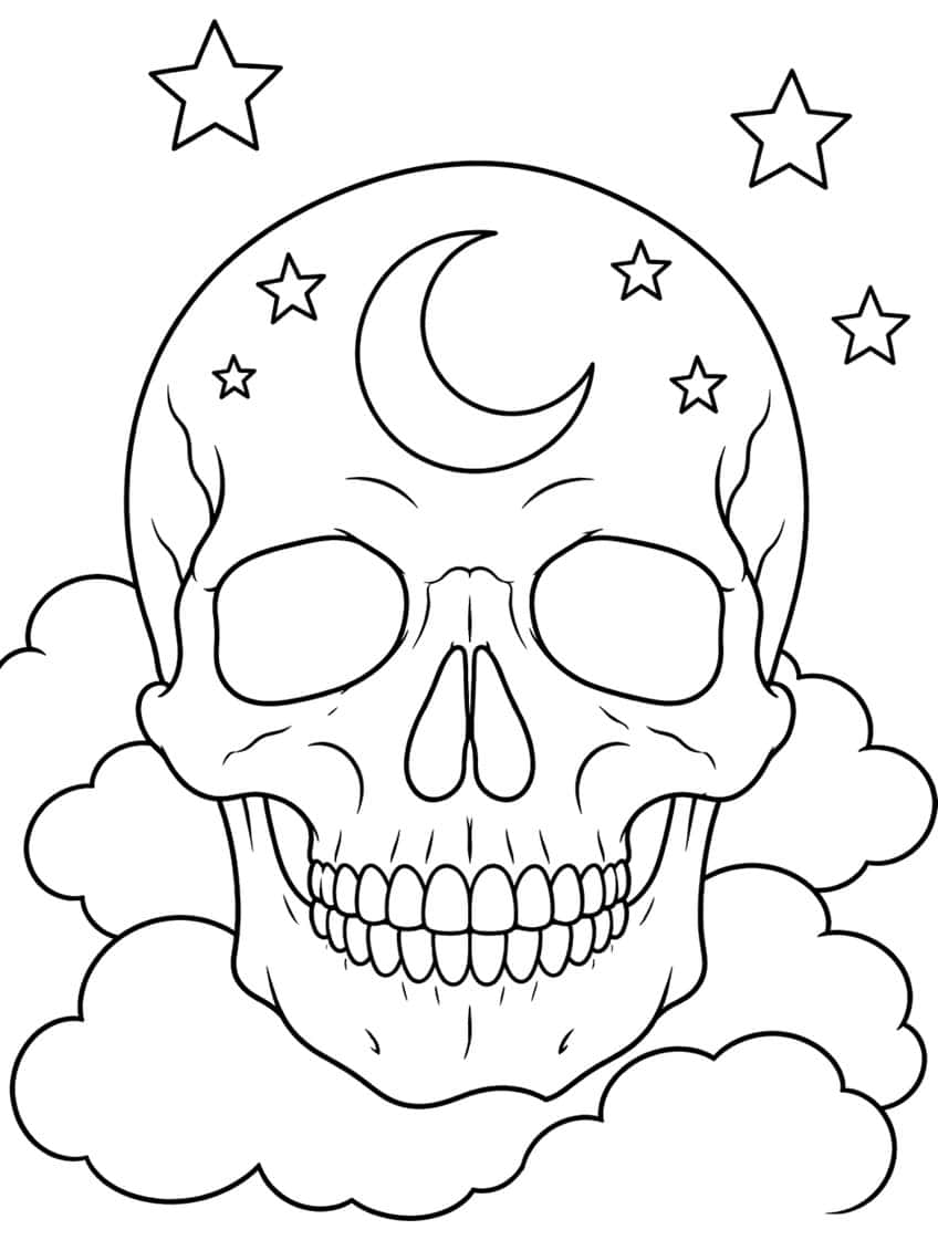 Front view of a skull with a crescent moon on its forehead, six stars and clouds