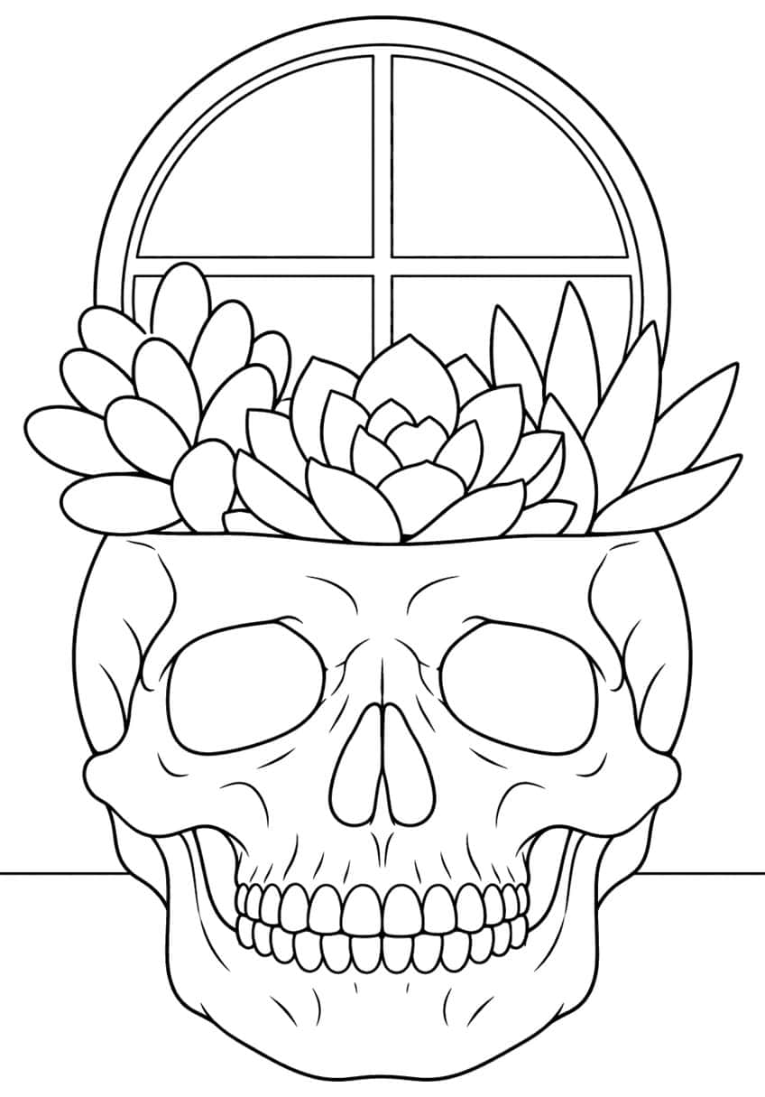 Skull planter filled with succulents in front of a round four-pane window