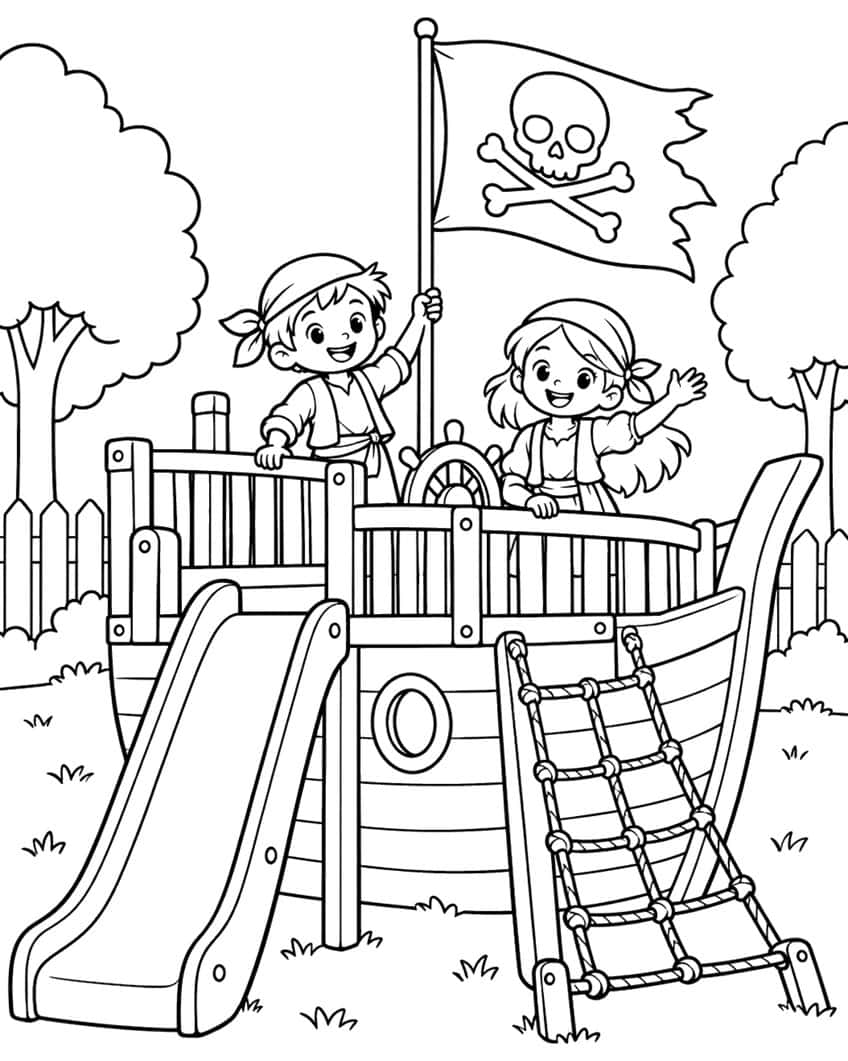 Children in bandanas on a playground pirate ship with slide, rope net, wheel and skull flag