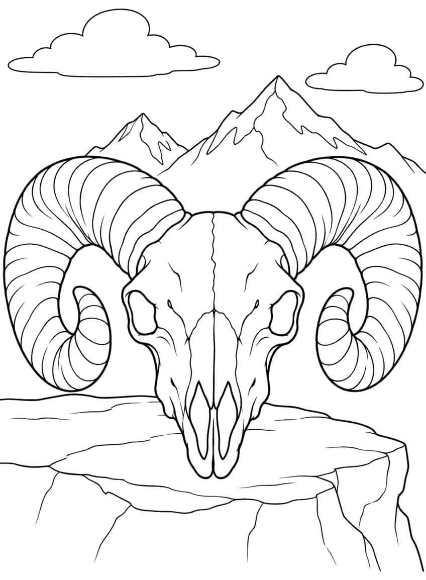 Ram skull with spiral ridged horns on a rock ledge, with mountain peaks and two clouds behind