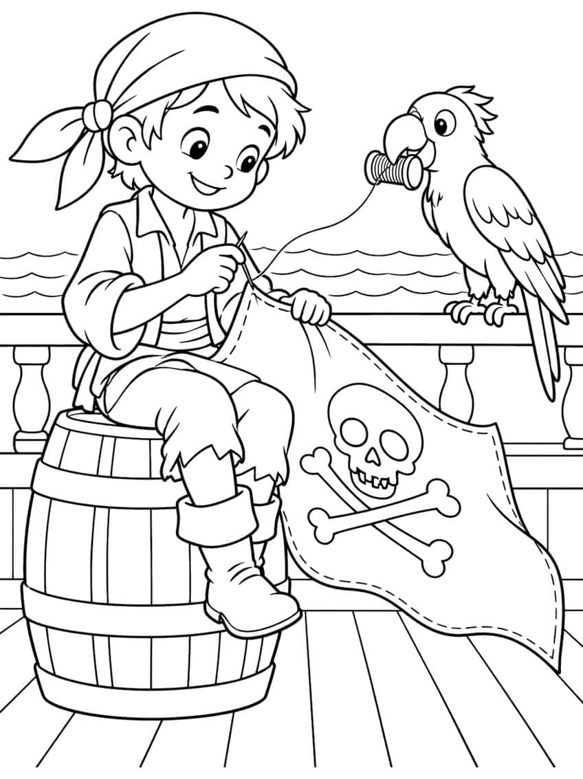 Pirate boy on a barrel sewing a skull and crossbones flag, with a parrot holding a thread spool on the ship railing