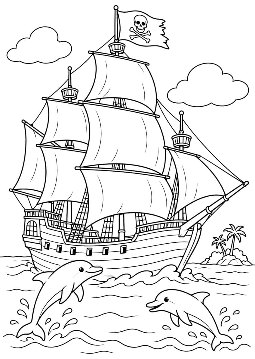 Pirate ship with skull flag, billowing sails, two jumping dolphins, palm island and clouds