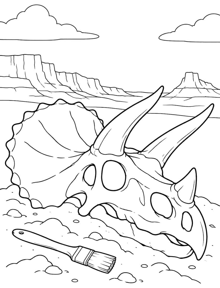 Triceratops fossil skull in the dirt with a paintbrush, desert buttes and clouds behind