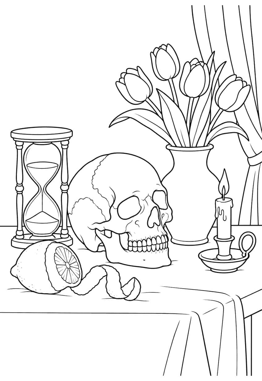 Skull on a table with hourglass, tulip vase, lit candle, cut lemon with peel and a curtain