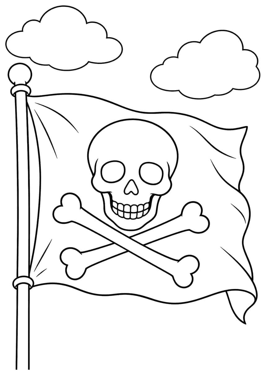 Waving pirate flag on a pole with a grinning skull, crossed bones and two clouds