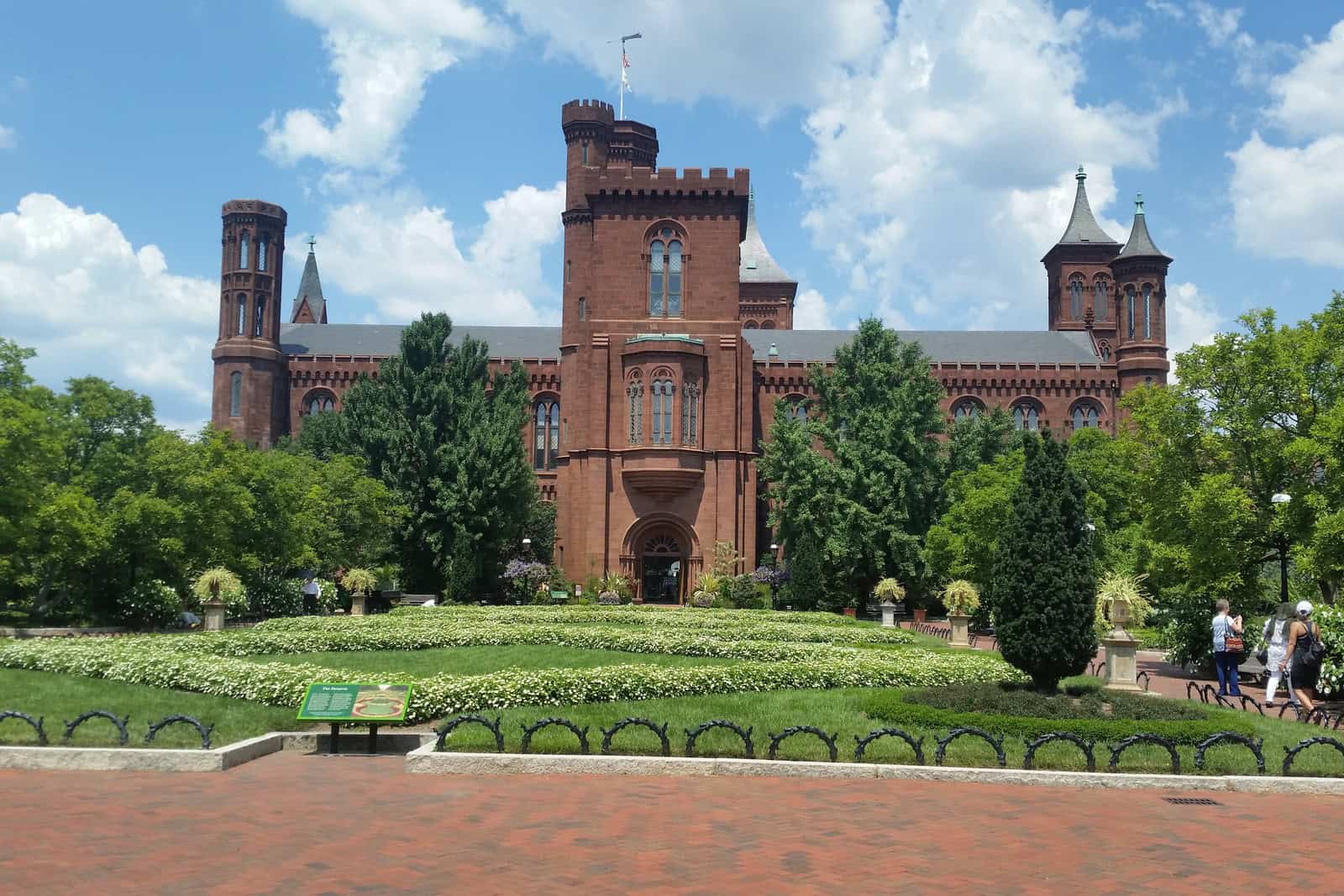 The red sandstone Smithsonian Castle stands beneath a blue sky on the National Mall.