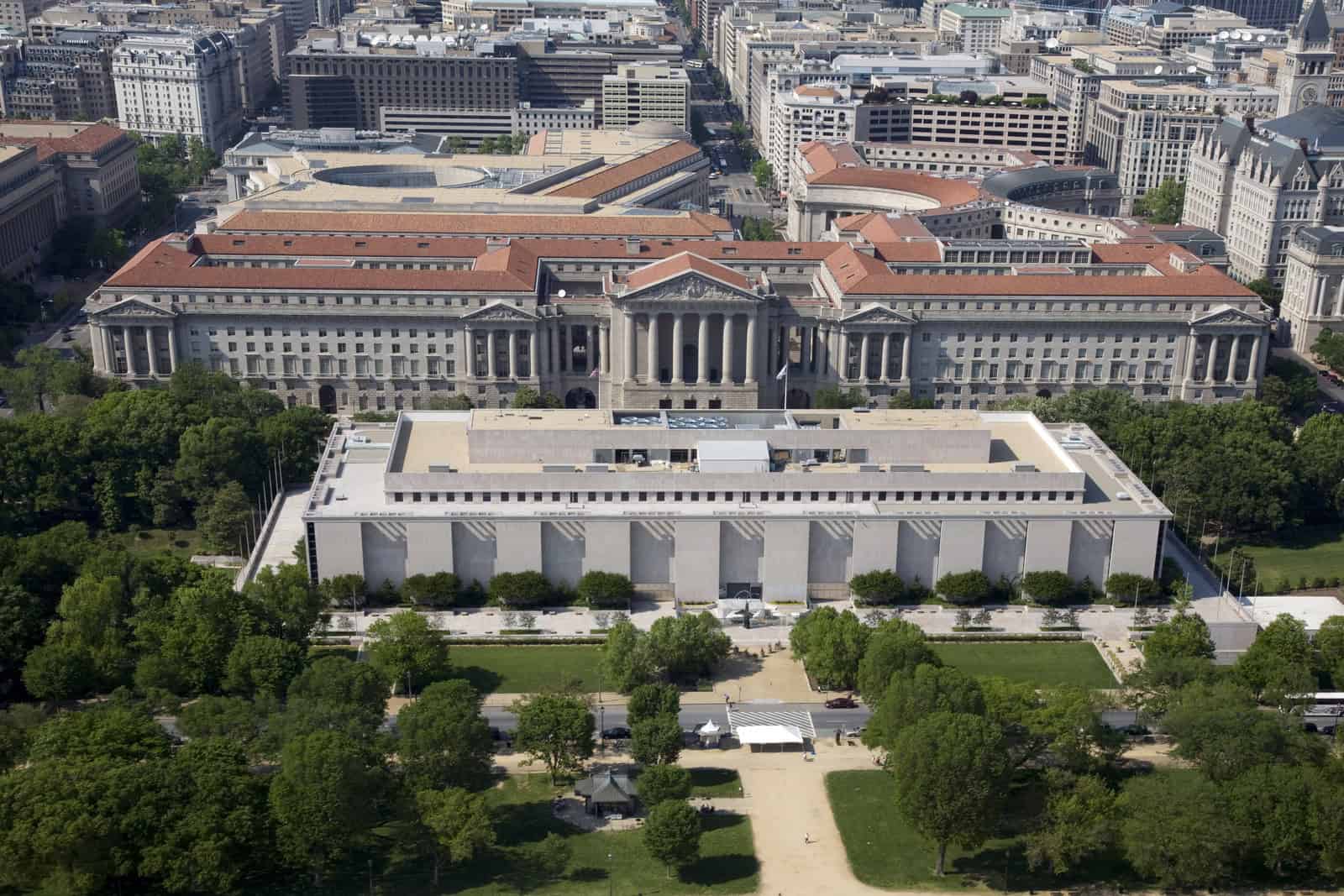 The National Museum of American History seen from above on the National Mall.