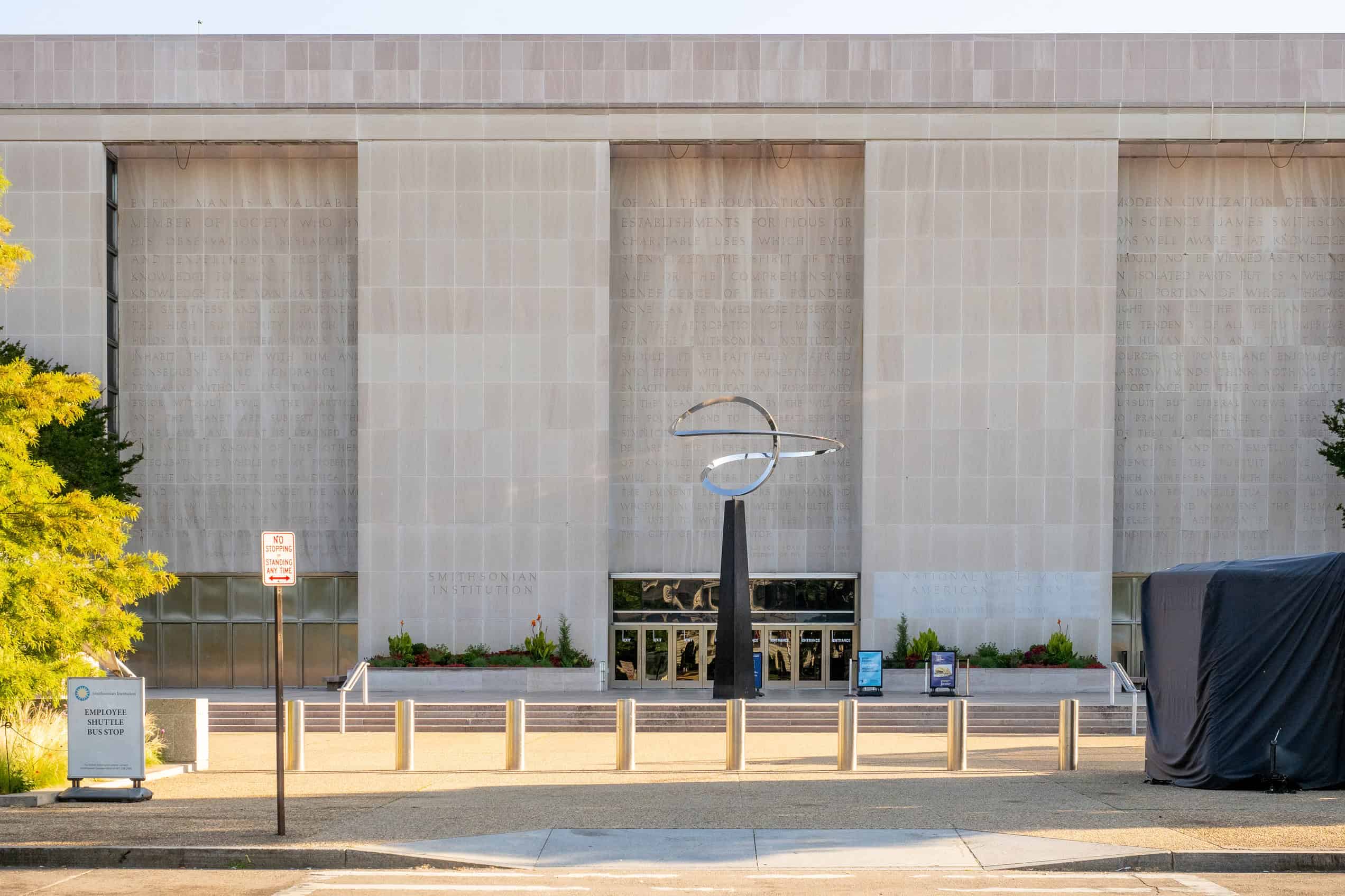 The National Museum of American History’s stone facade and entrance on the National Mall in Washington, D.C.