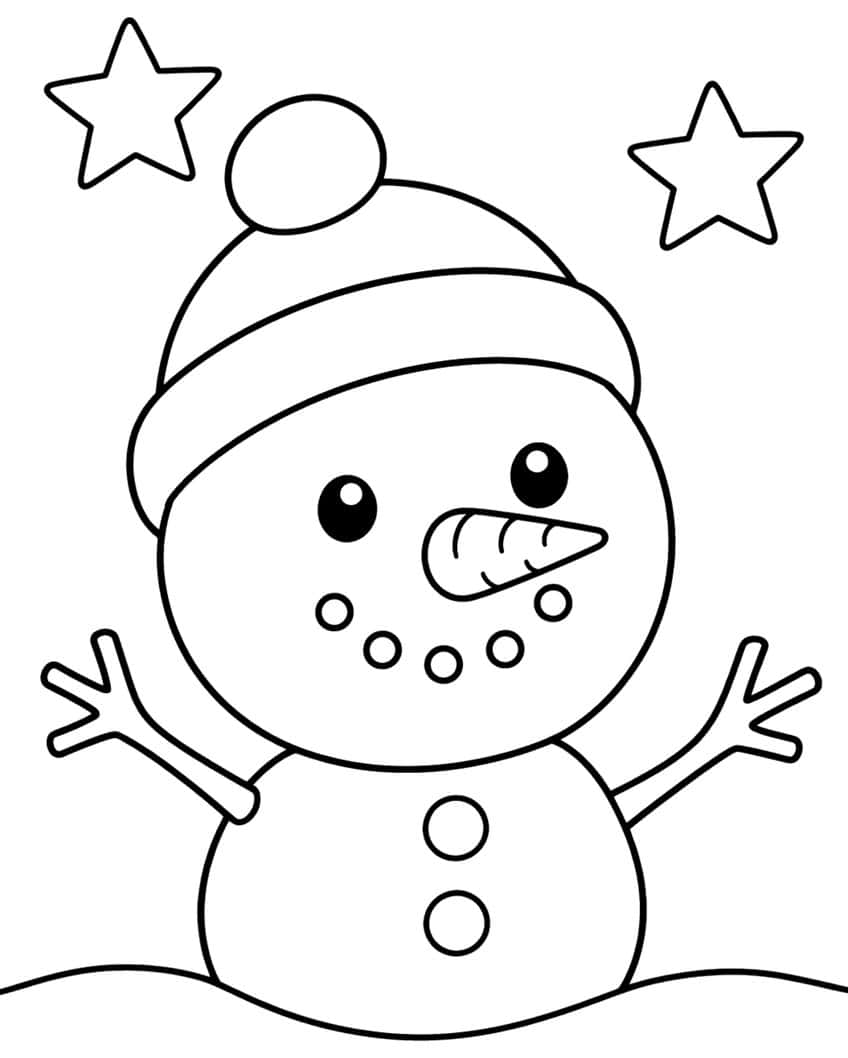 Baby snowman with pom-pom hat, carrot nose, twig arms, two buttons and two stars