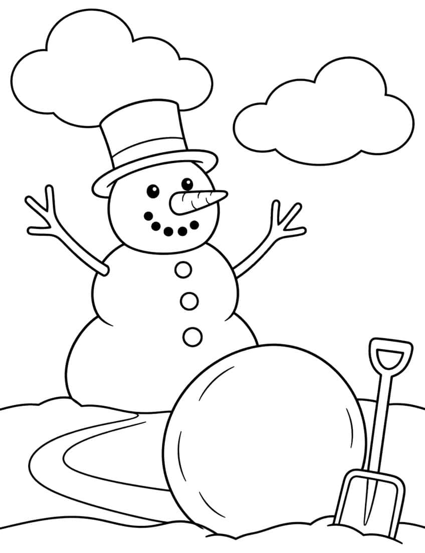 Snowman in top hat with twig arms, giant snowball, shovel and two clouds