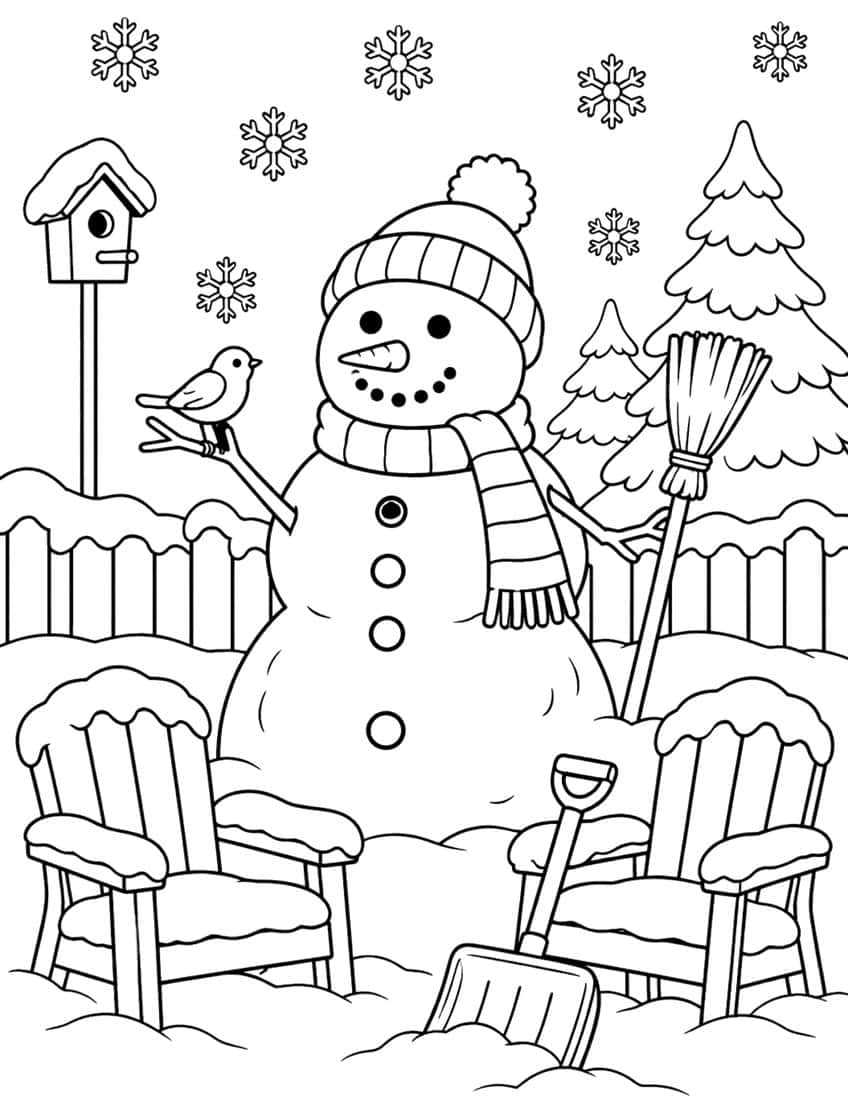 Snowman with bird and broom, two snowy chairs, shovel, birdhouse, fence, fir trees