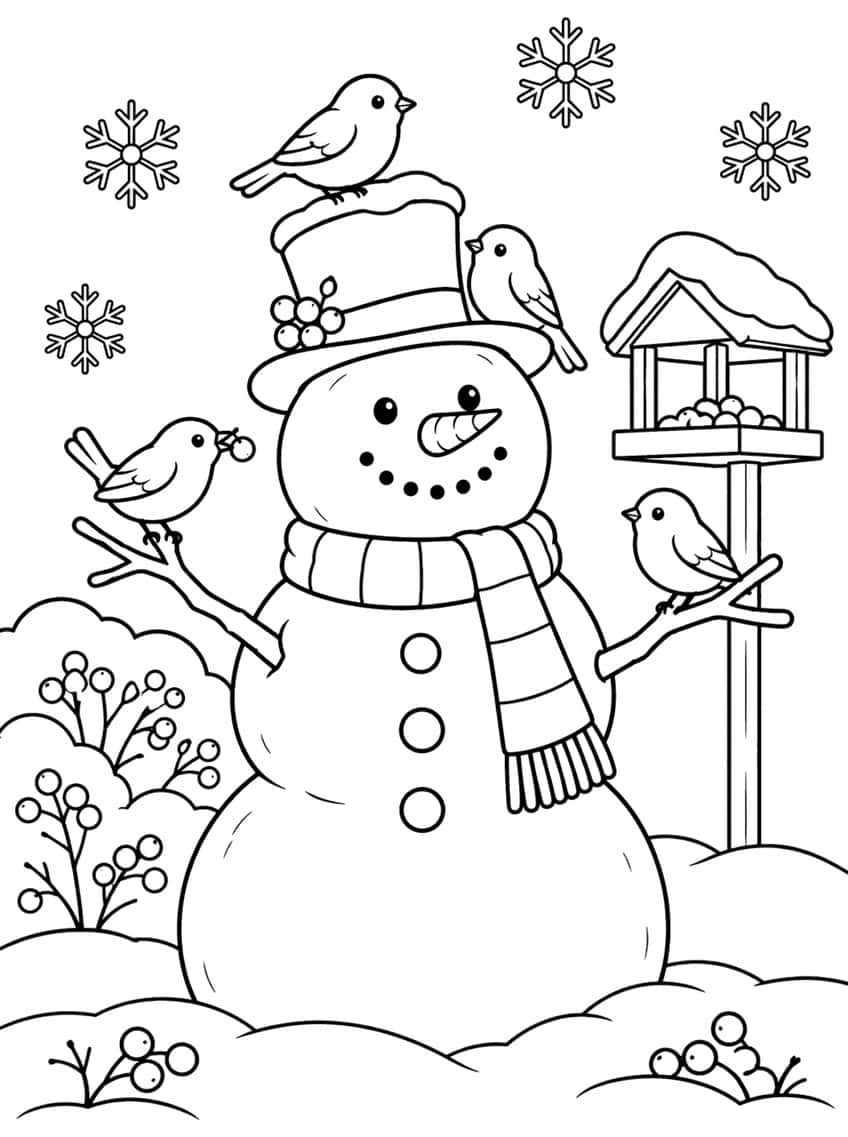 Snowman with top hat, scarf and four birds beside a snowy bird feeder, berry bushes and snowflakes