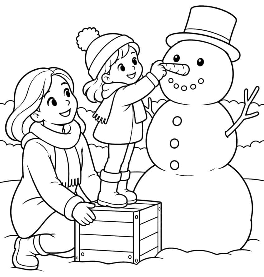 Girl on a crate places a carrot nose on a top-hat snowman while a woman kneels beside her
