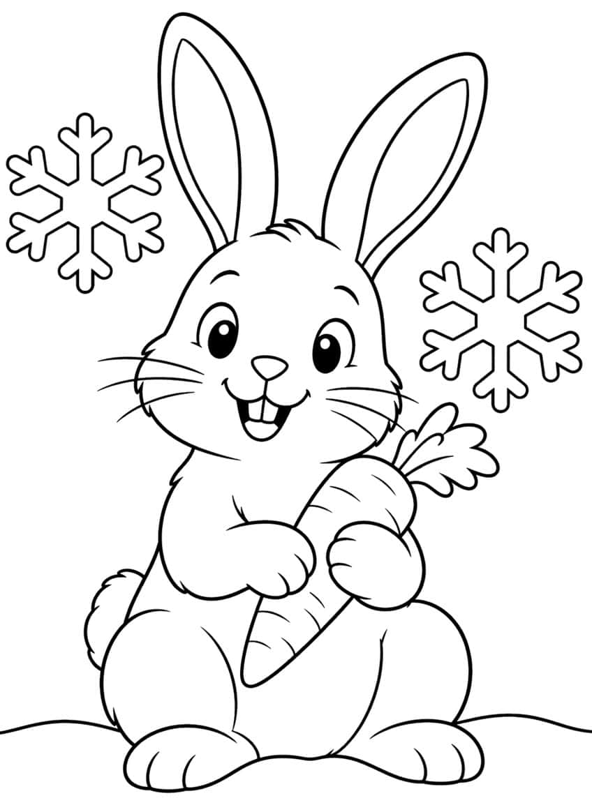 Smiling bunny holding a big carrot, with two snowflakes and snowy ground