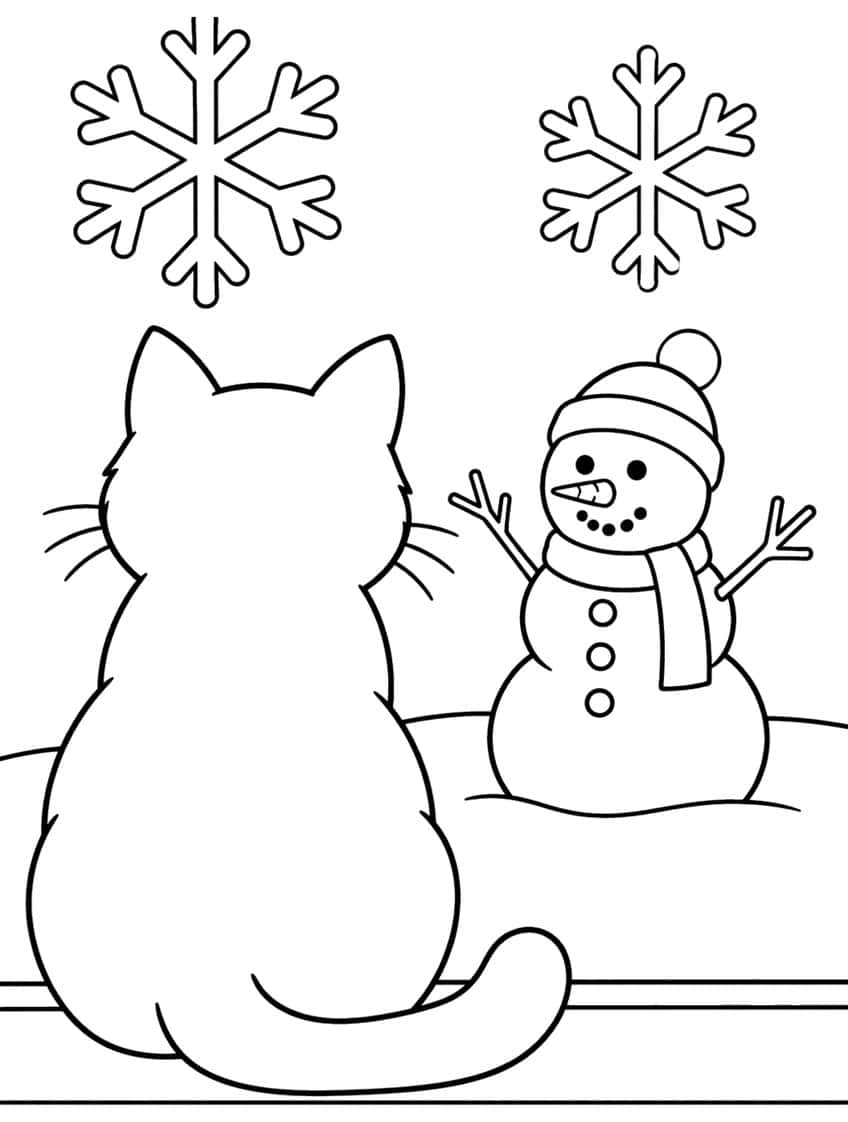 Cat seen from behind on a windowsill watching a snowman with a pom-pom hat, scarf and two snowflakes