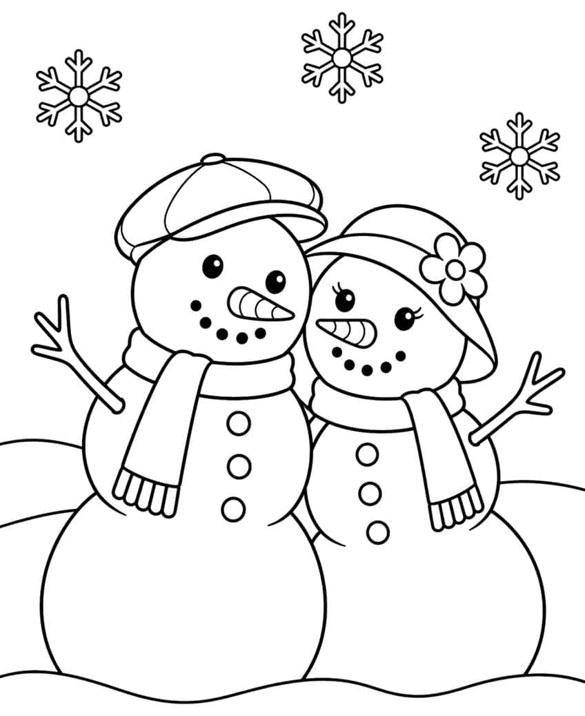 Two snowmen with a flat cap and a flower hat, scarves, twig arms and three snowflakes