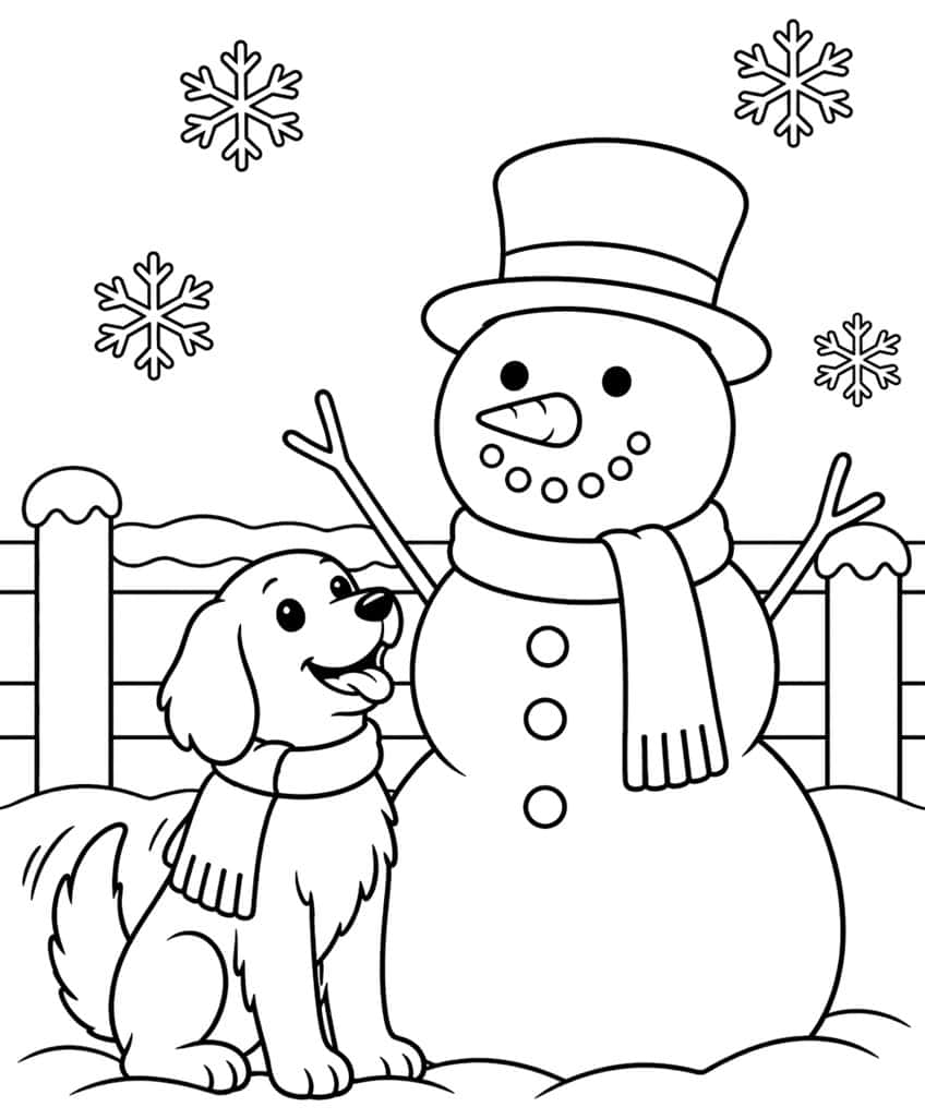Puppy in a scarf beside a top-hat snowman with a fence and snowflakes