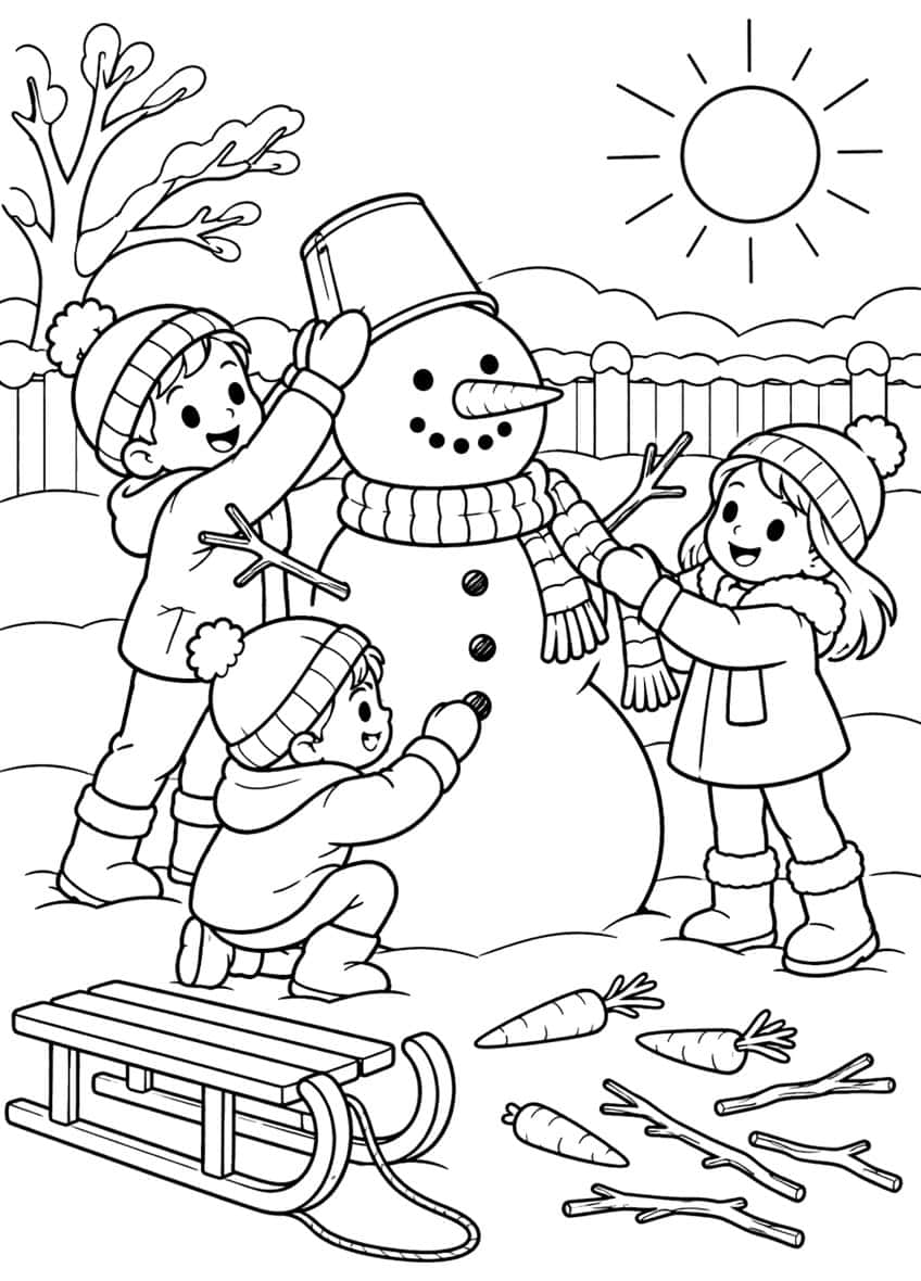 Three children dress a snowman with a bucket hat and scarf, with a sled, carrots, sticks, fence and sun