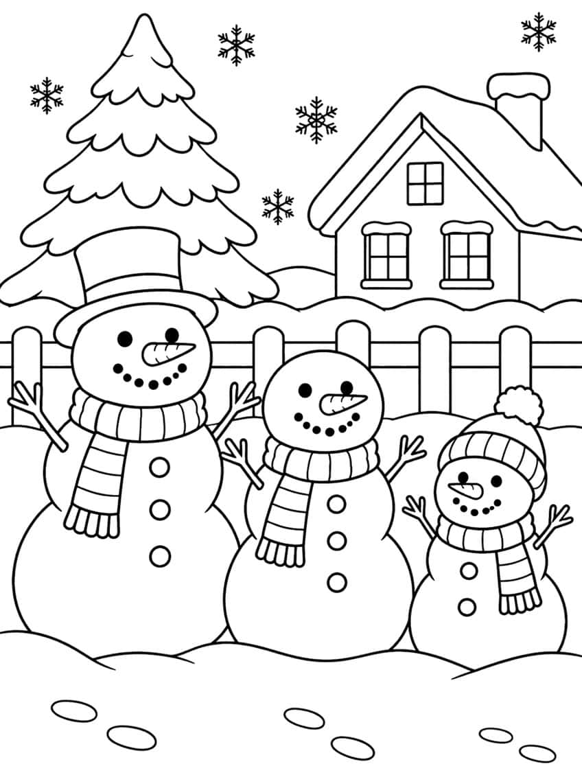Three snowmen with scarves, top hat and pom-pom hat, fence, snowy cottage, fir tree and snowflakes