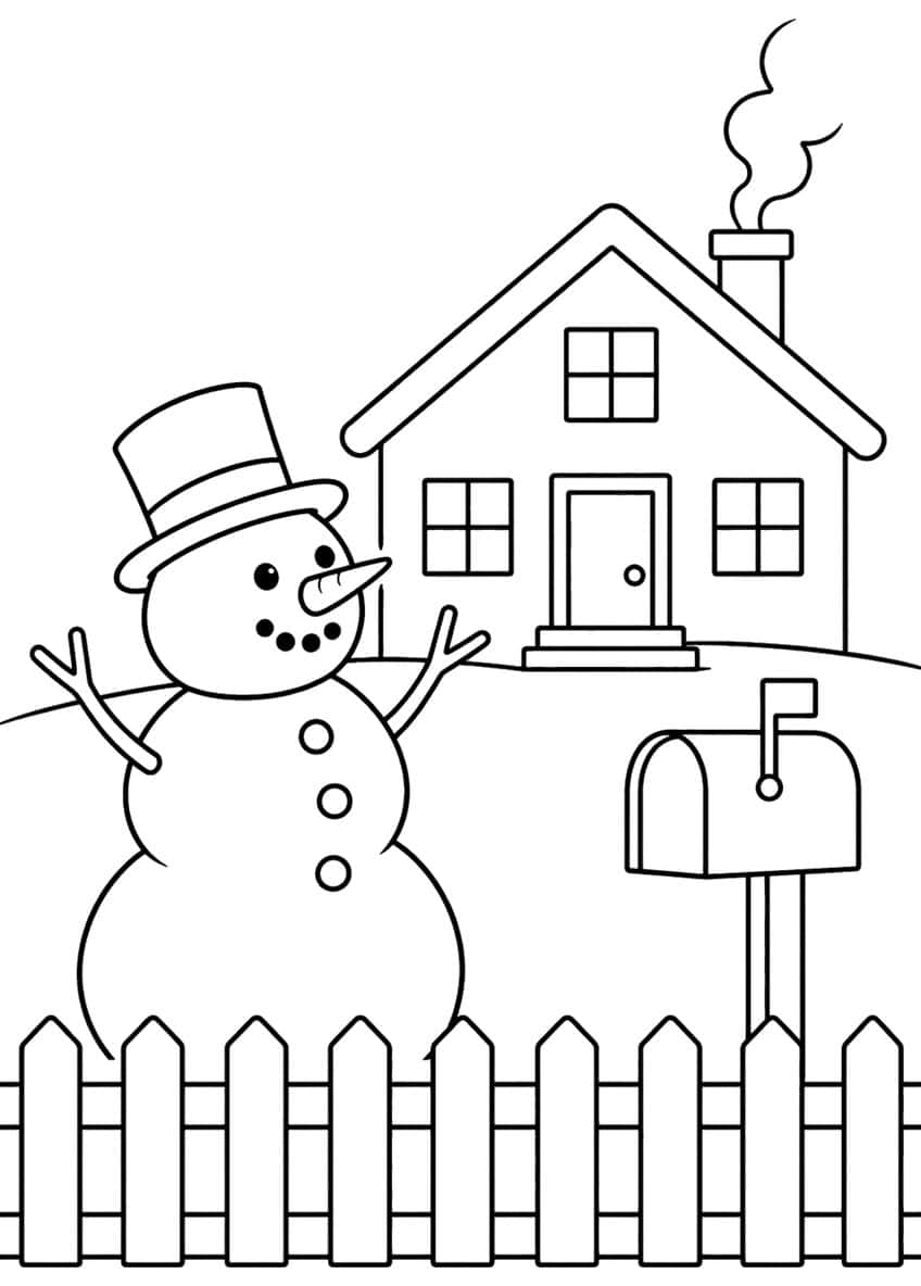 Snowman in top hat beside a cottage, a mailbox and a picket fence