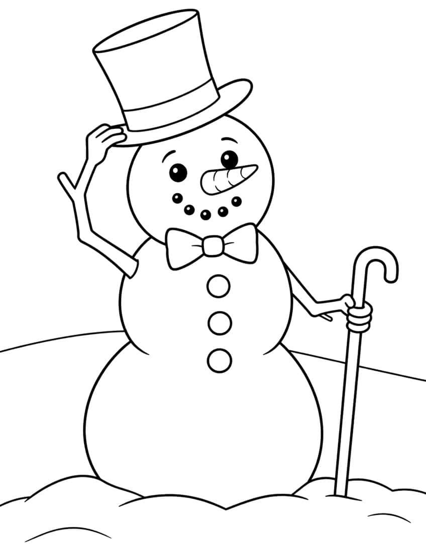 Snowman tipping a top hat, with bow tie, three buttons, carrot nose and a hooked cane in the snow