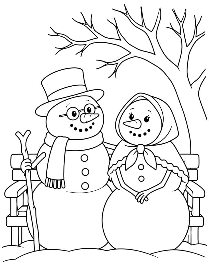 Two snowmen on a park bench under a bare tree, one with top hat, glasses and cane, one with a headscarf