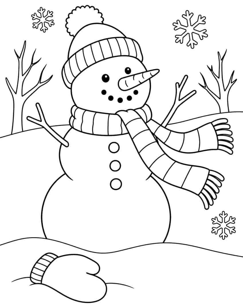 Snowman with pom-pom hat, striped scarf, three buttons, bare trees, snowflakes and a mitten