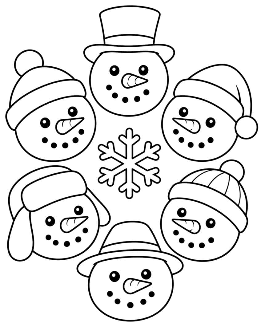 Six snowman faces in different hats arranged around a snowflake