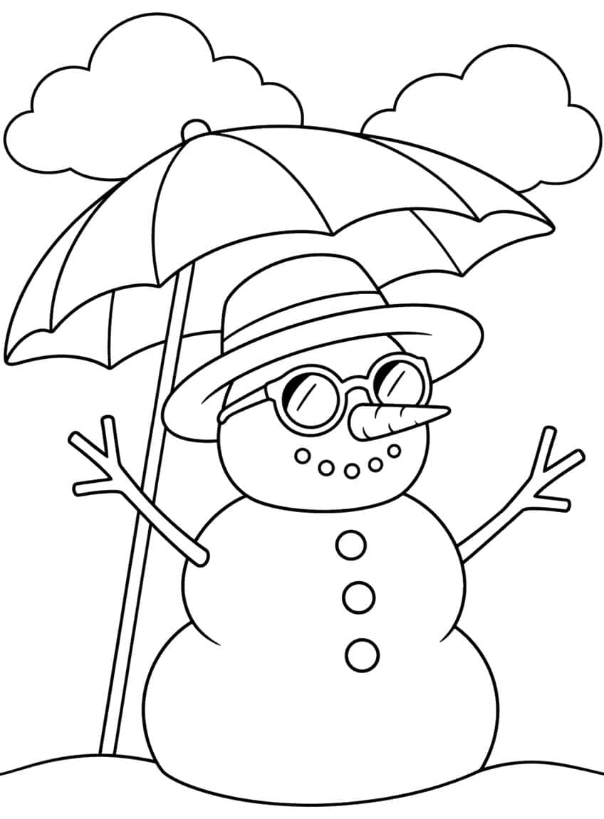 Snowman with sunglasses and hat under a striped beach umbrella, with two clouds and snowy ground