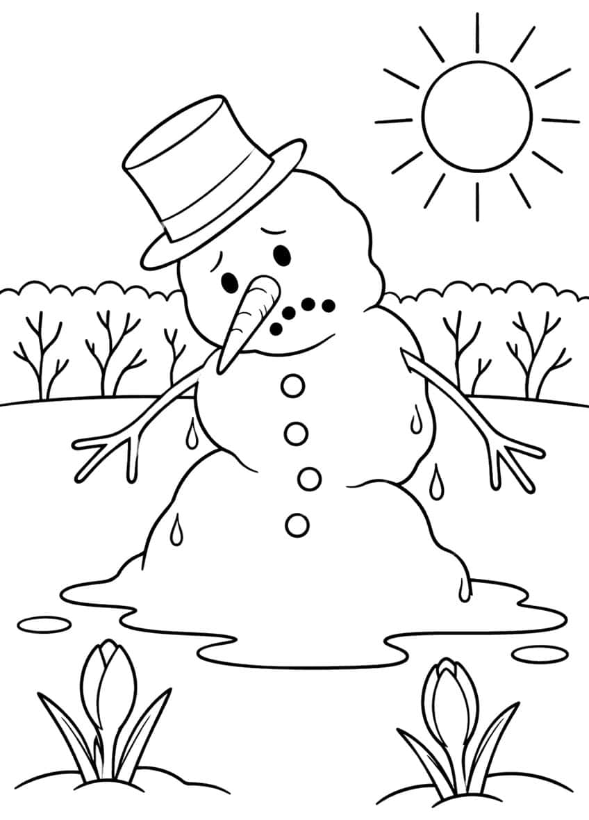 Melting snowman with tilted top hat, puddle, sun, bare trees and two crocus buds