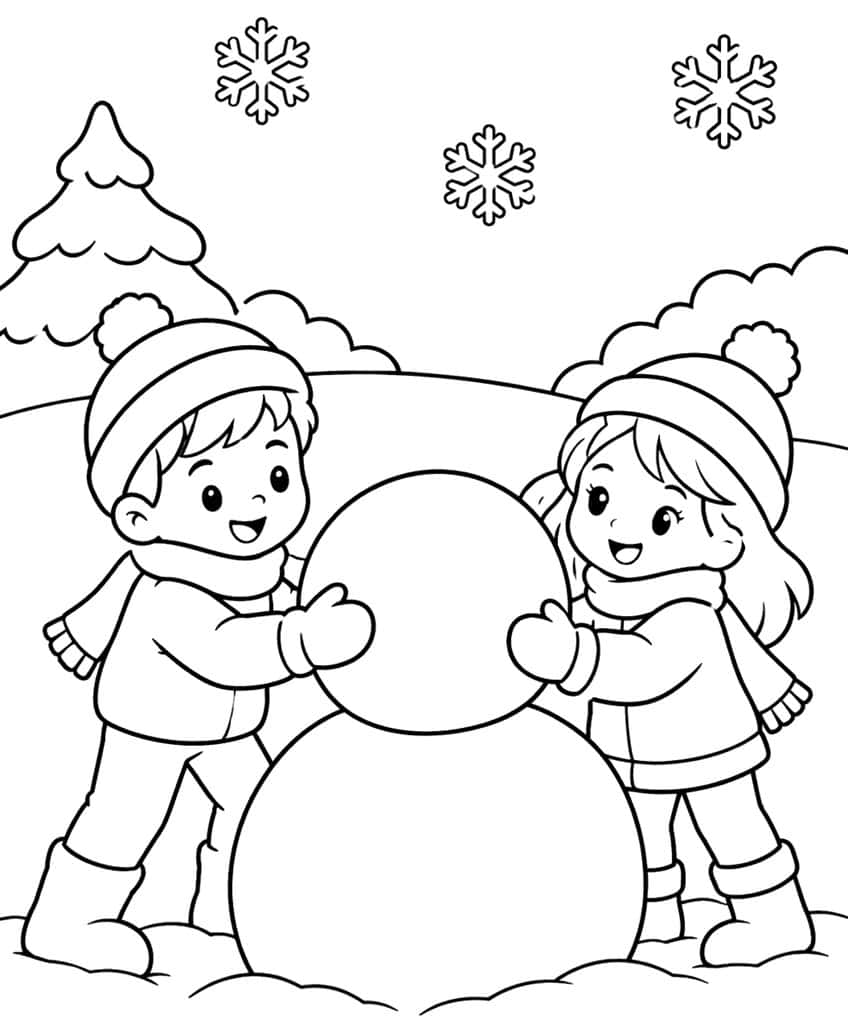 Boy and girl in winter clothes lifting a snowball onto another, with snowflakes and a fir tree